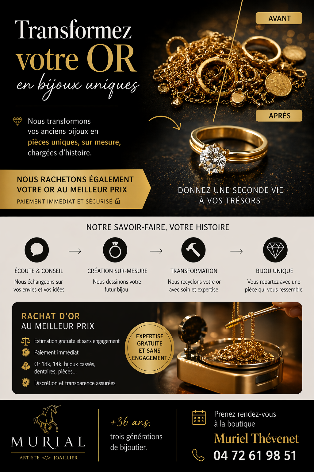 Transformez votre OR en bijoux uniques: collier et bagues dorés avant/après, ambiance atelier et bijoux en or.