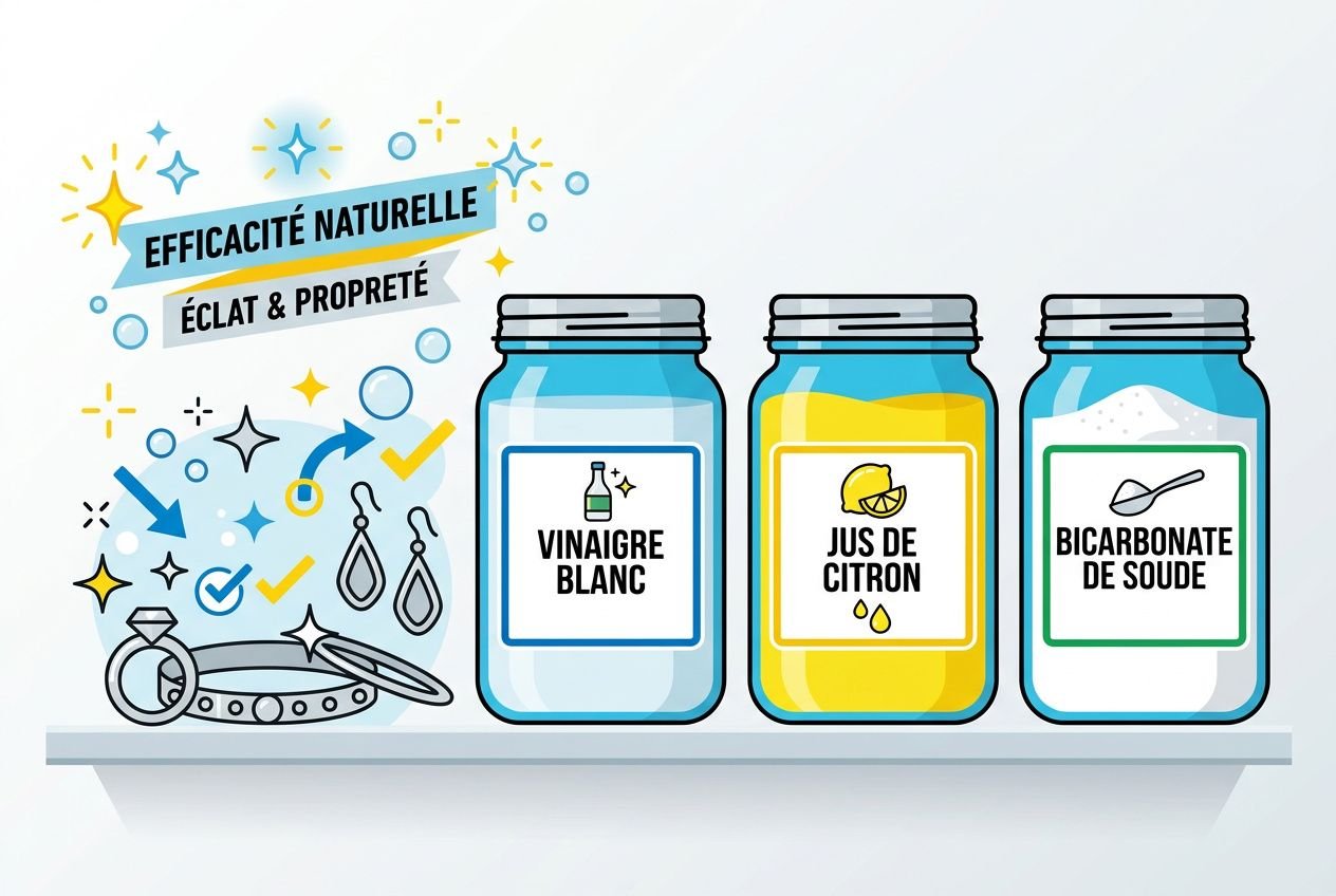 Trois bocaux: vinaigre blanc, jus de citron et bicarbonate de soude pour nettoyer des bijoux argent noircis, avec décor éclatant et étiquette Éfficacité naturelle.