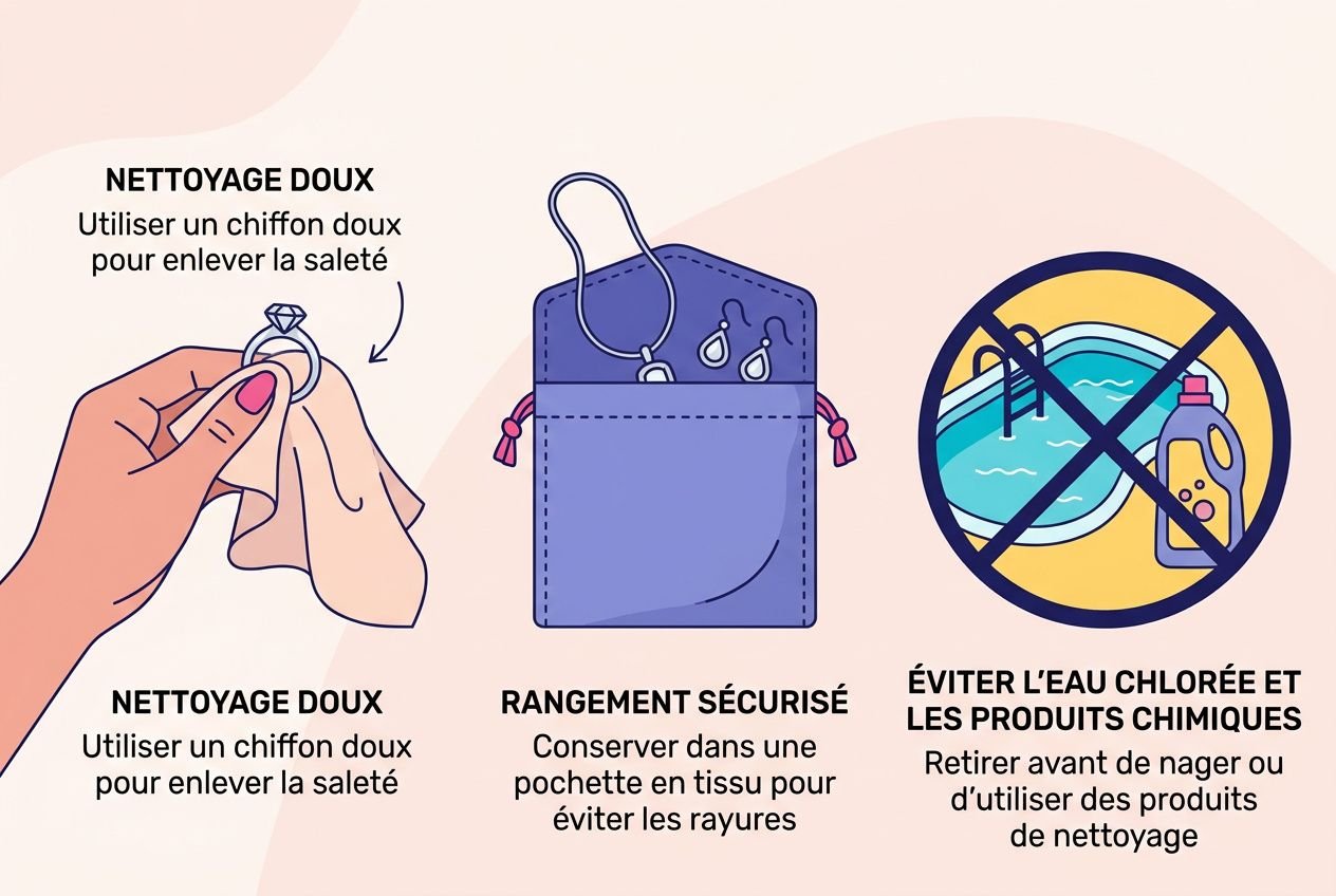 Trois conseils visuels: nettoyage doux des bijoux, rangement sécurisé dans une pochette, et éviter l’eau et les produits chimiques avec un symbole interdit. Argent rhodié poinçon et entretien.