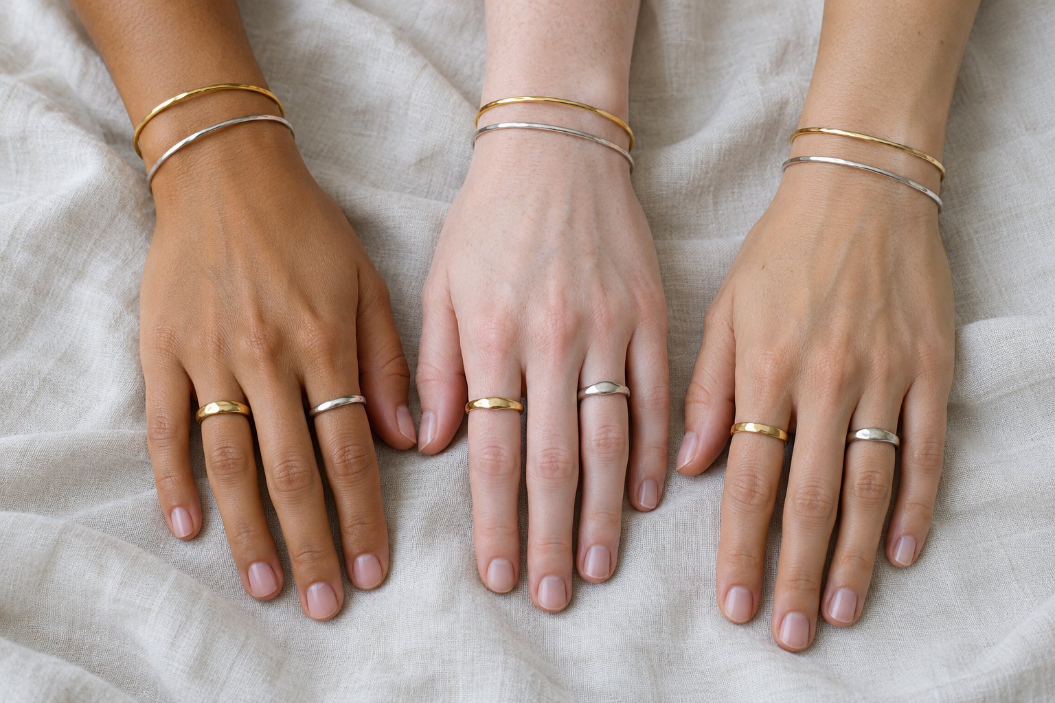 Trois mains aux teints différents portent des bagues et des bracelets dorés et argentés.