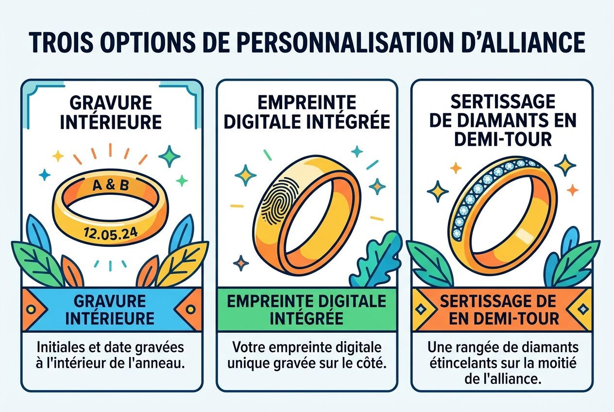 Trois options de personnalisation d’alliance: gravure intérieure, empreinte digitale intégrée et sertissage de diamants en demi-tour.