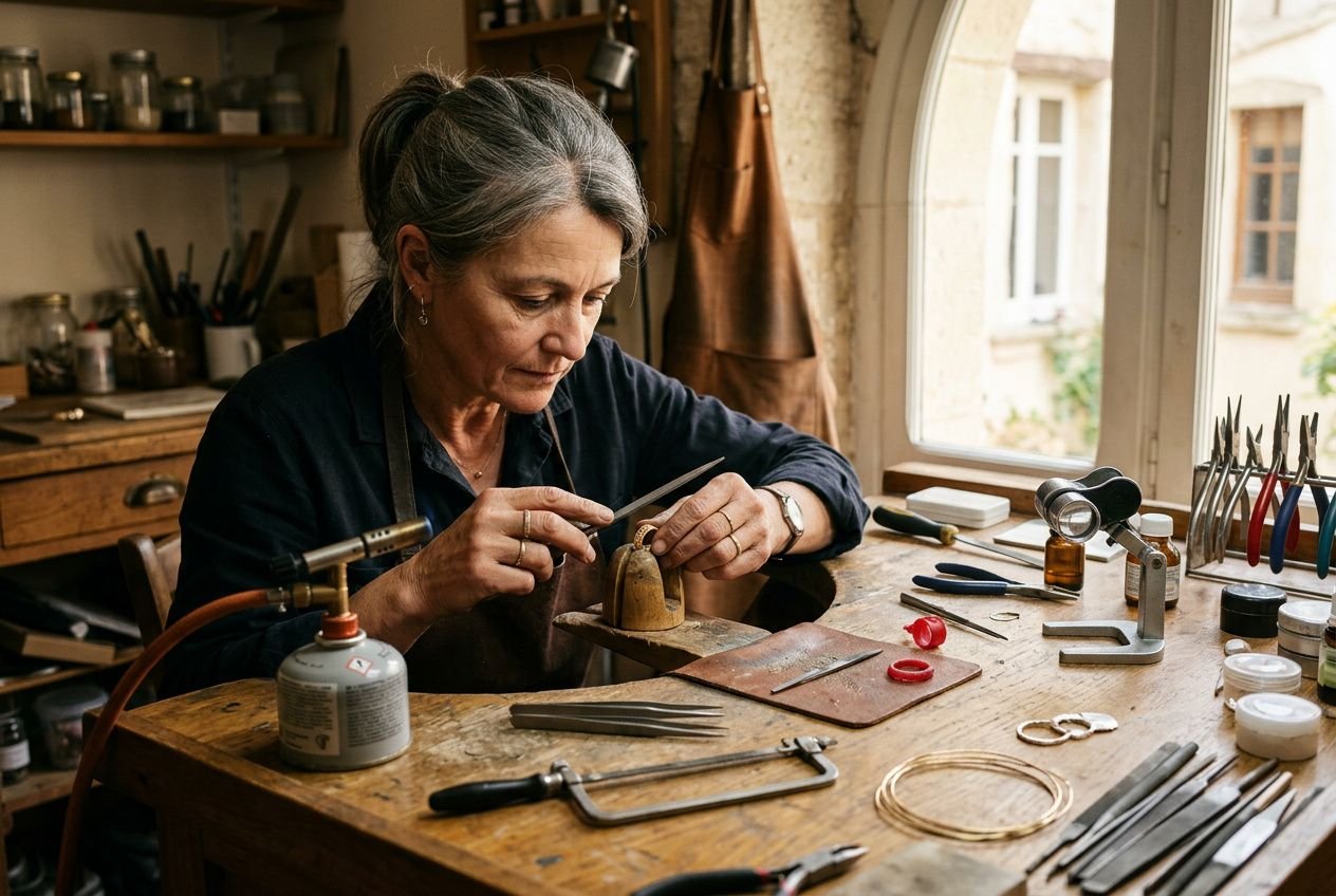Veilleuse ambiance artisanale: une joaillière expérimentée façonne un bijou, outils et matériaux disposés sur le plan de travail. comment devenir joaillier artisan est intégré comme sujet principal.