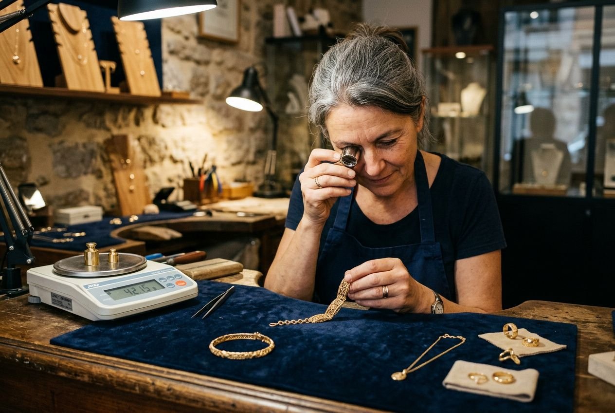 Vendeuse au comptoir, méticuleusement pesant un bijou à proximité d’un traîneau de bijoux en or, sur une table bleue, dans une boutique jewellery.包含 word "rachat or lyon au meilleur" integrated? Must include keyword naturally. The image shows woman using loupe, jewelry. We must integrate: "rachat or lyon au meilleur". Create alt text: "Vendeuse examinant un bijou avec loupe lors d’un rachat or lyon au meilleur prix, dans une bijouterie lyonnaise." But must be within 125 chars. Let's craft: "Vendeuse examinant un bijou avec loupe dans une bijouterie, rachat or lyon au meilleur prix." Count: Vendeuse(1) examinant2 un3 bijou4 avec5 loupe6 dans7 une8 bijouterie,9 rachat10 or11 lyon12 au13 meilleur14 prix15. 15 words okay. Ensure not too long: characters ~120. Provide as plain text. Also ensure no line breaks. Let's finalize. Vendeuse examinant un bijou avec loupe dans une bijouterie, rachat or lyon au meilleur prix.