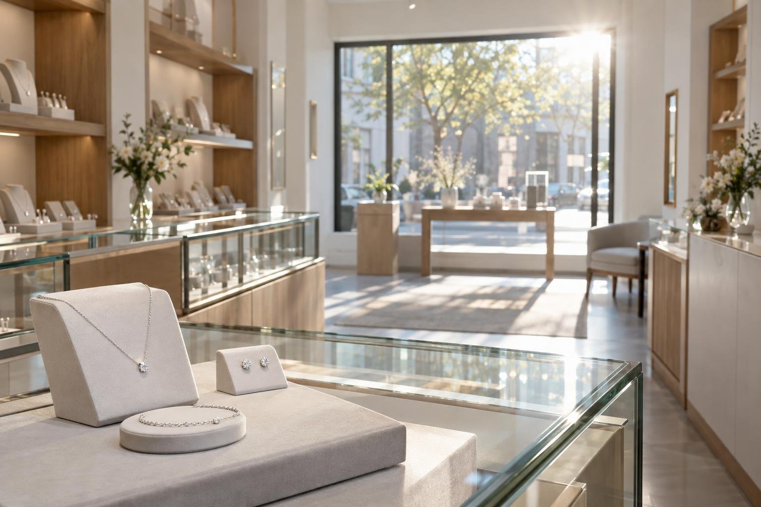 Vitrine d’une bijouterie lumineuse avec des bijoux sur des présentoirs en bois et en verre.